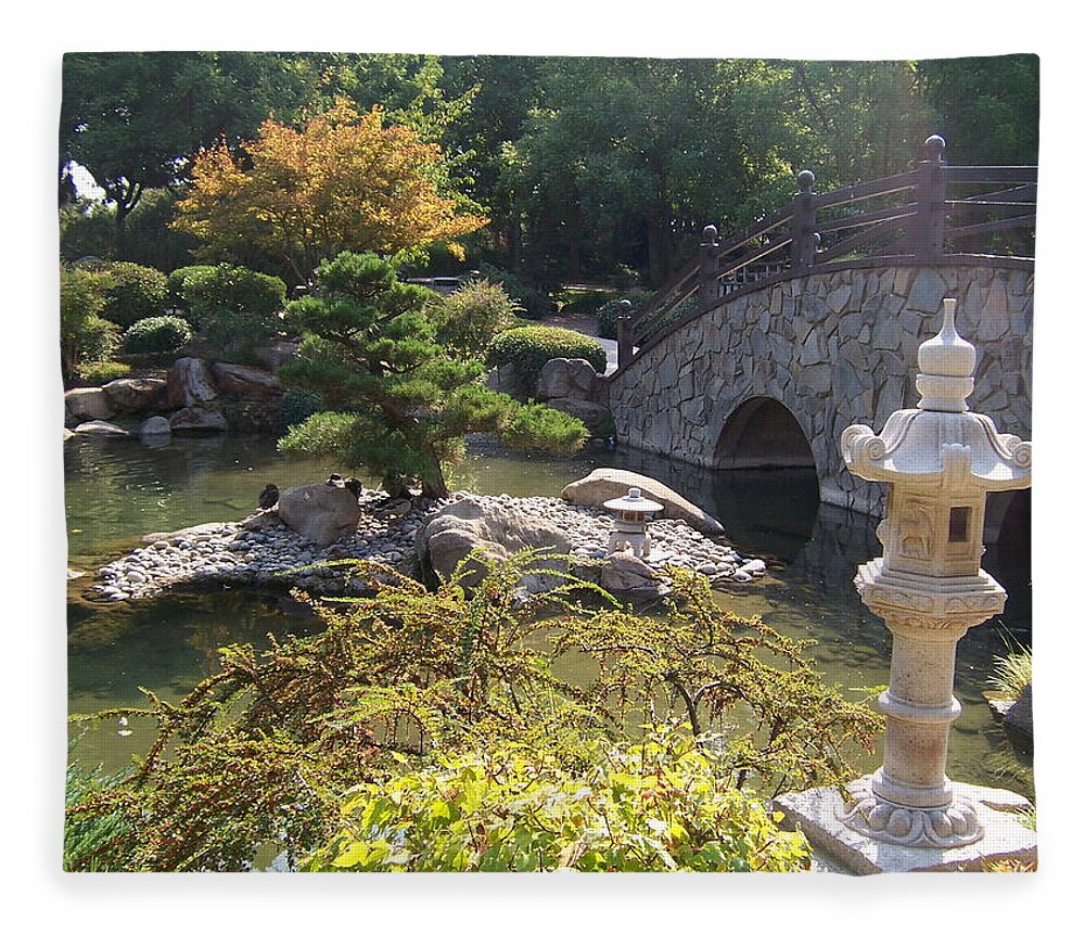 Japanese Garden Fleece Blanket featuring the photograph Sun Over Bonsai by Colleen Cornelius