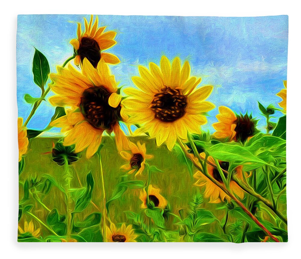 Best Fleece Blanket featuring the painting Sunflower Along the Road by Mitchell R Grosky