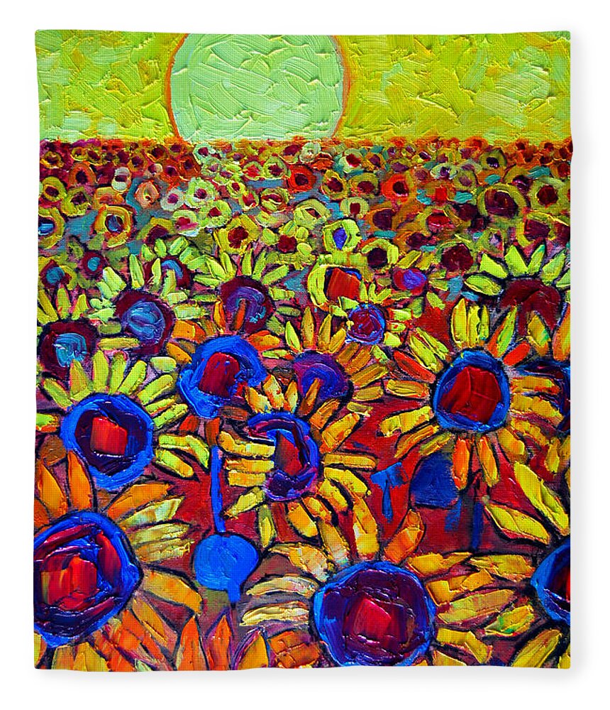 Sunflowers Fleece Blanket featuring the painting Sunflowers Field At Sunrise by Ana Maria Edulescu