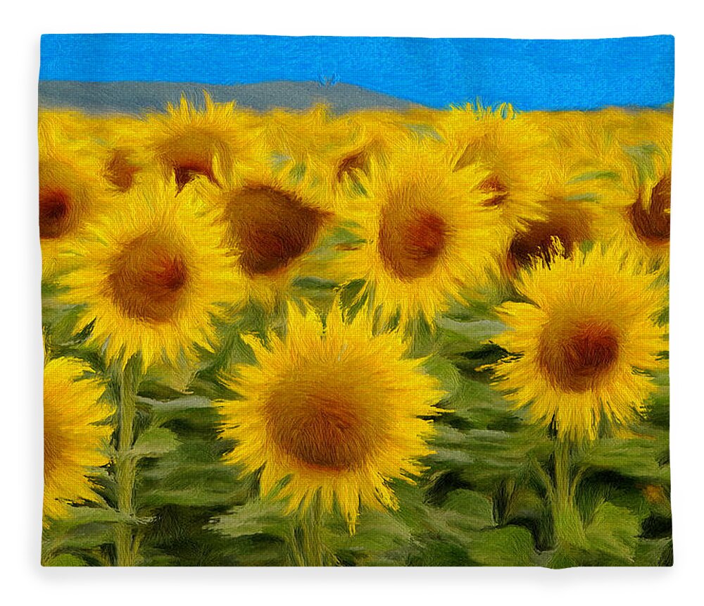 Sunflower Fleece Blanket featuring the painting Sunflowers in the Field by Jeffrey Kolker