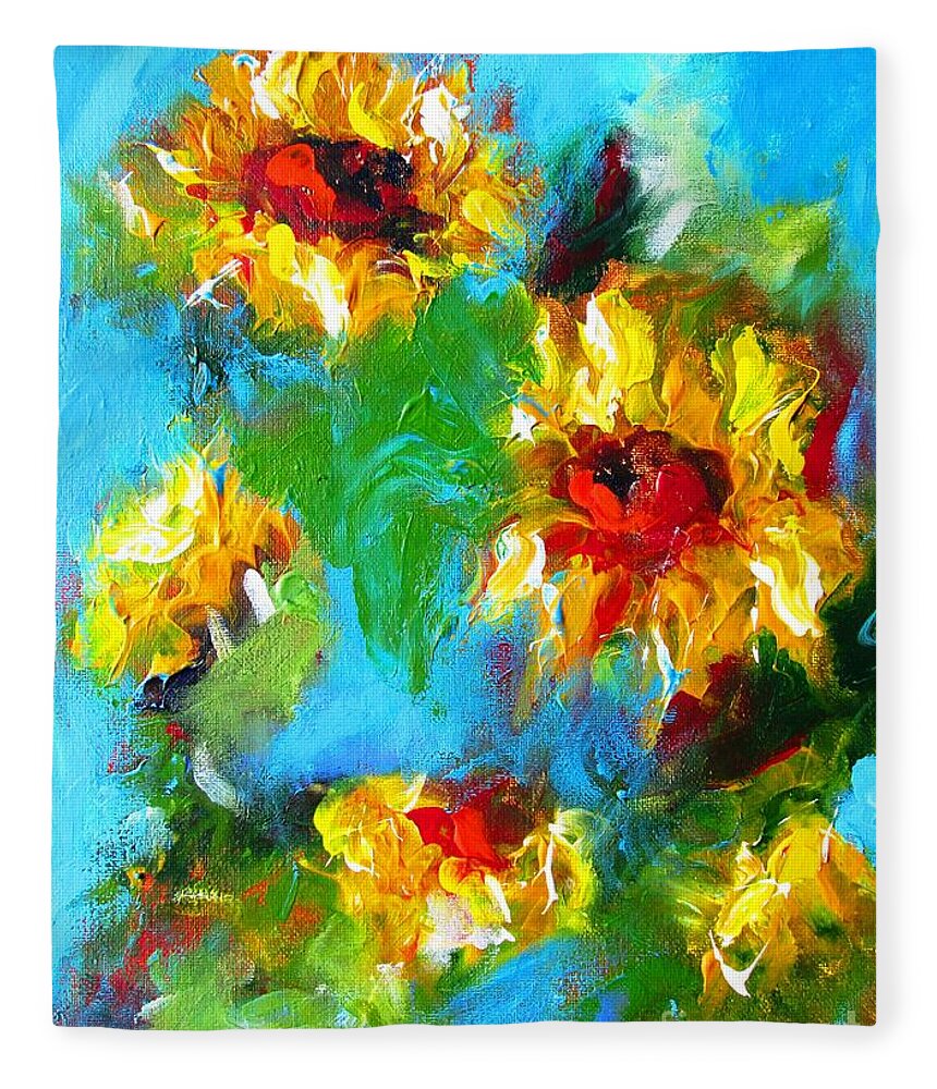 Sunflowers Fleece Blanket featuring the painting Paintings Of Sunflowers On Blue by Mary Cahalan Lee - aka PIXI