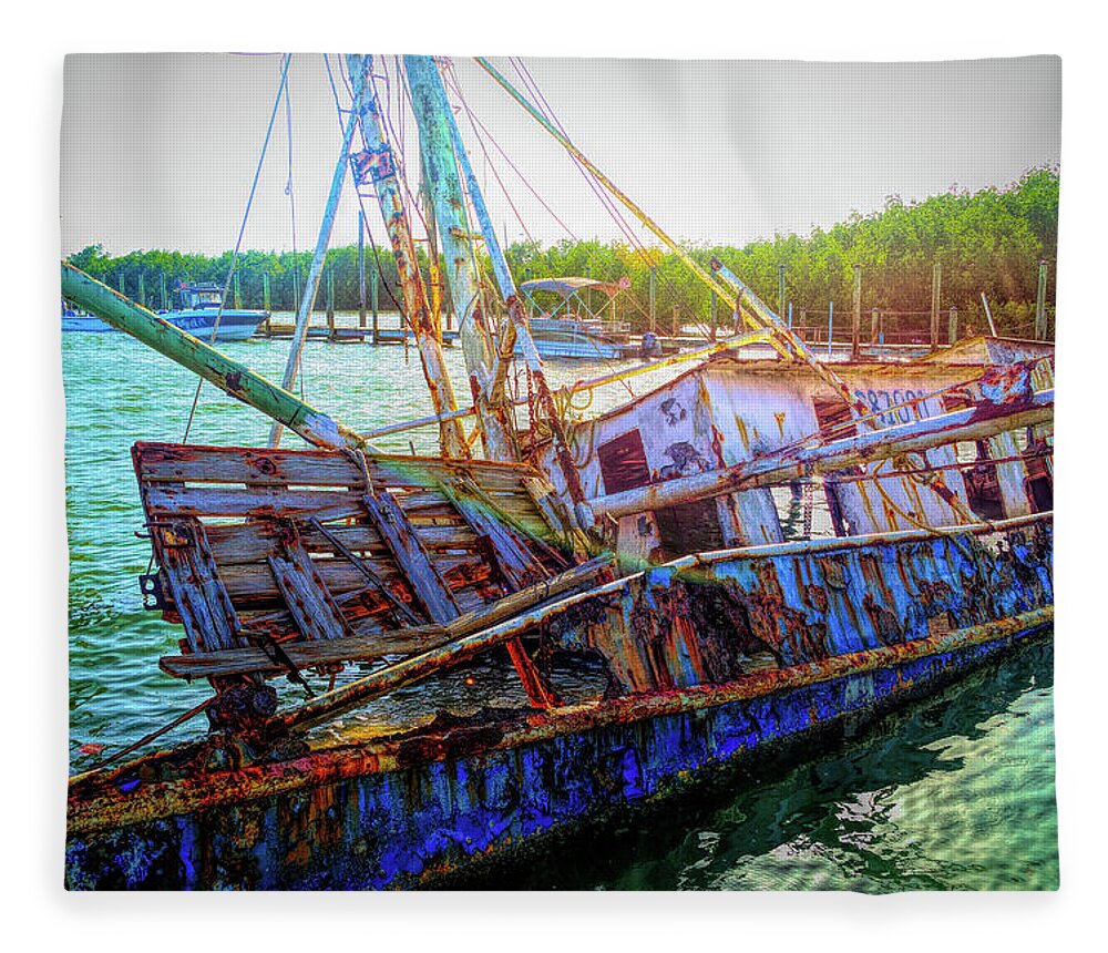 Fishing Boat Fleece Blanket featuring the photograph Sunken Ship by Alison Belsan Horton