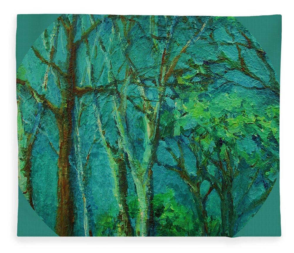 Impressionist Landscape Fleece Blanket featuring the painting Sunlit Woodland Path by Mary Wolf