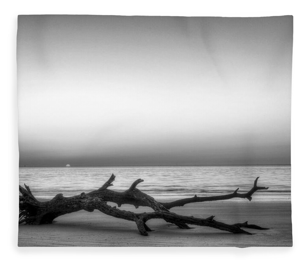 Driftwood Fleece Blanket featuring the photograph Sunrise On Driftwood in Black and White by Greg and Chrystal Mimbs