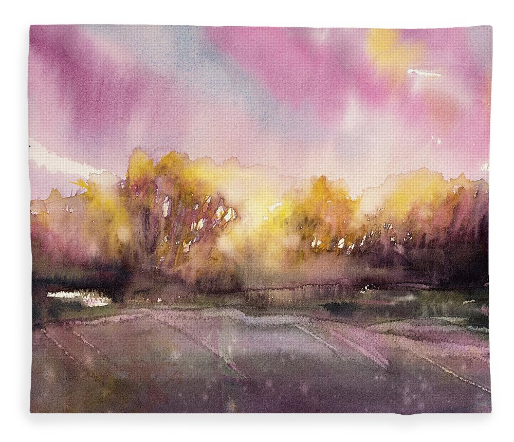 Landscape Fleece Blanket featuring the painting Sunrise on the Lane by Judith Levins