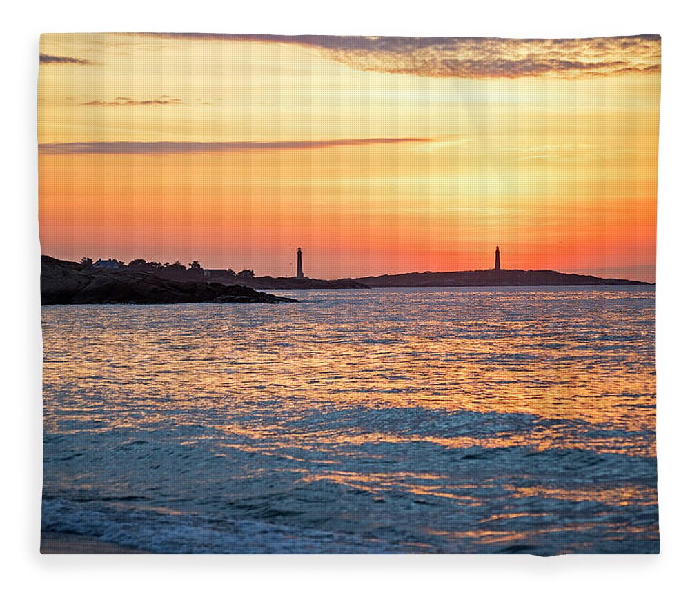 Gloucester Fleece Blanket featuring the photograph Sunrise over Thacher Island from Long Beach in Rockport MA Golden Sunrise by Toby McGuire
