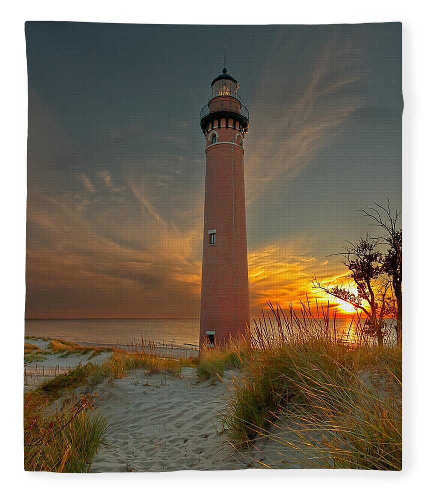 Lighthouse Fleece Blanket featuring the photograph Sunset at Petite Pointe Au Sable by Susan Rissi Tregoning