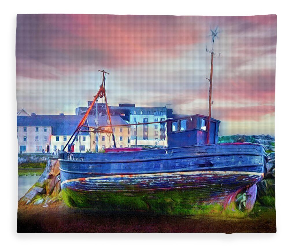 Boats Fleece Blanket featuring the photograph Sunset at the Port in Galway Painting by Debra and Dave Vanderlaan