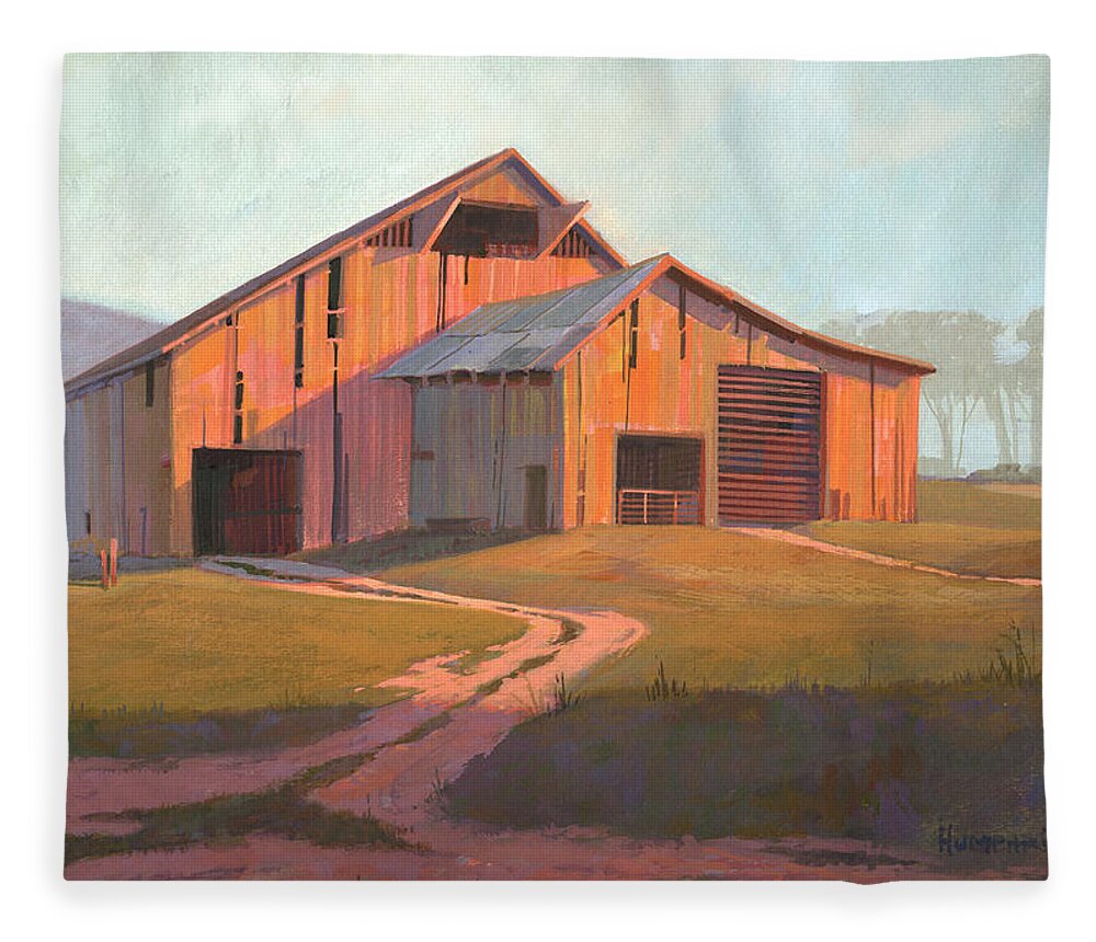 Michael Humphries Fleece Blanket featuring the painting Sunset Barn by Michael Humphries
