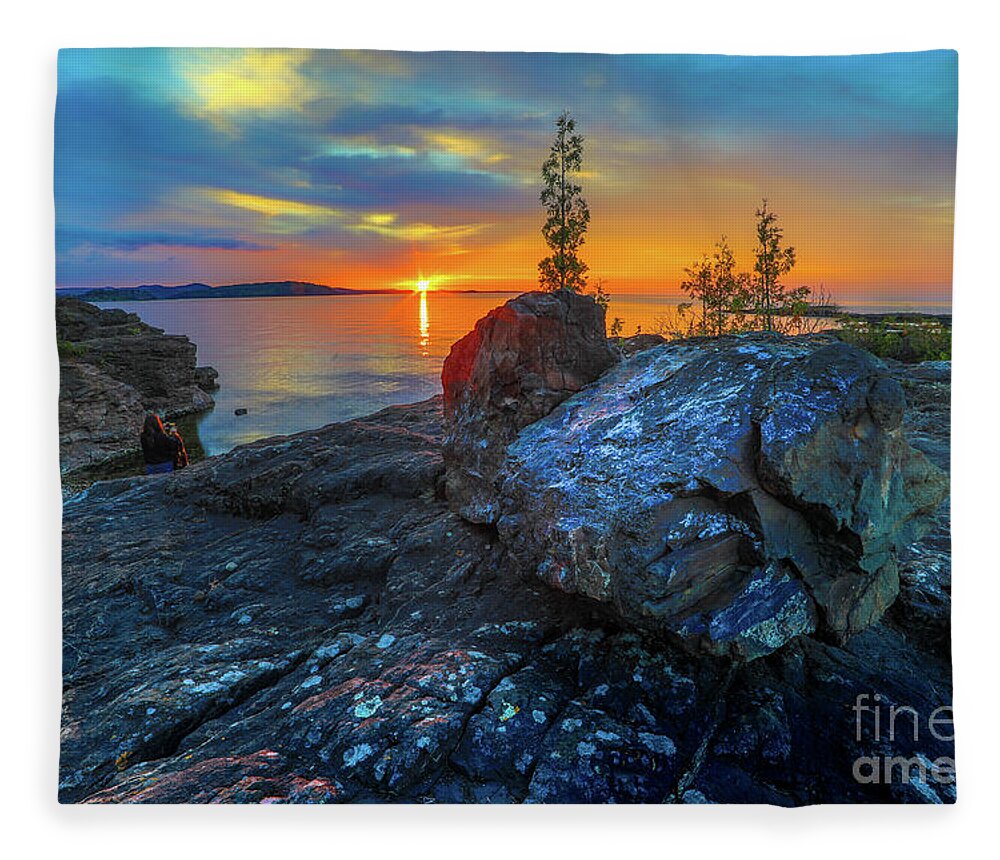 Presque Isle Fleece Blanket featuring the photograph Sunset Black Rocks Marquette Michigan -7491 by Norris Seward