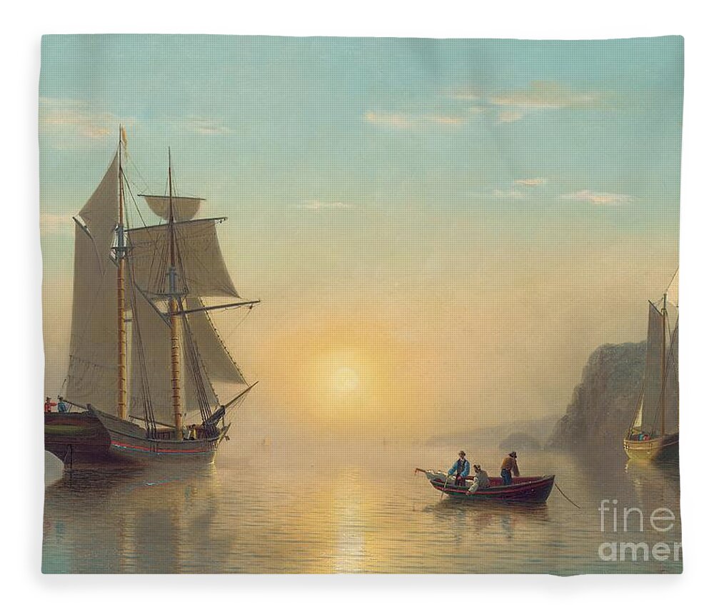 Boat Fleece Blanket featuring the painting Sunset Calm in the Bay of Fundy by William Bradford