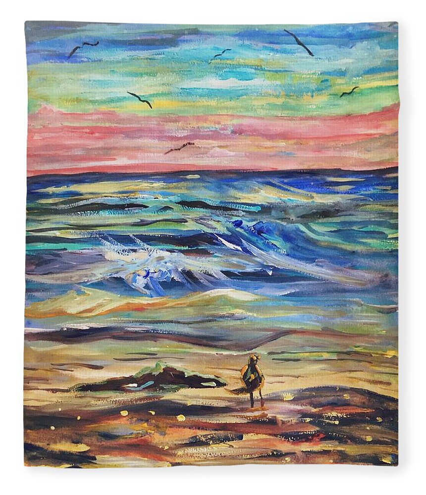 Sunset Fleece Blanket featuring the painting Sunset Corpus Christi Beach by Angela Weddle