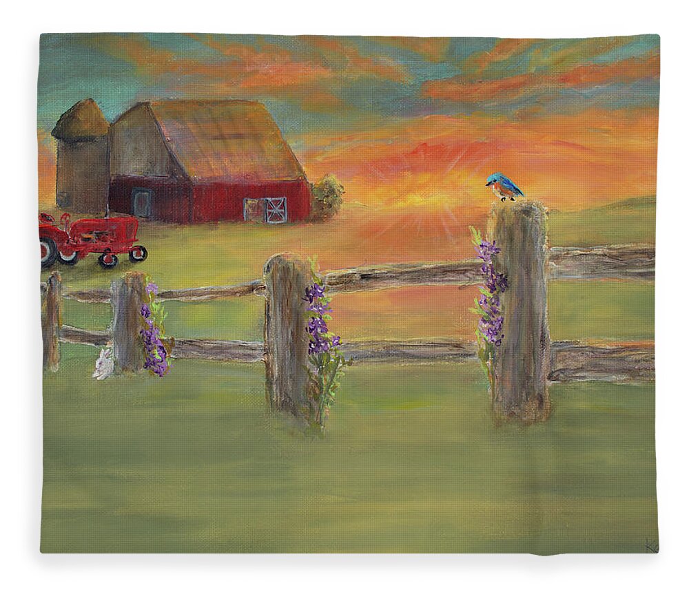 Greeting Fleece Blanket featuring the painting Sunset Farm by Ken Figurski