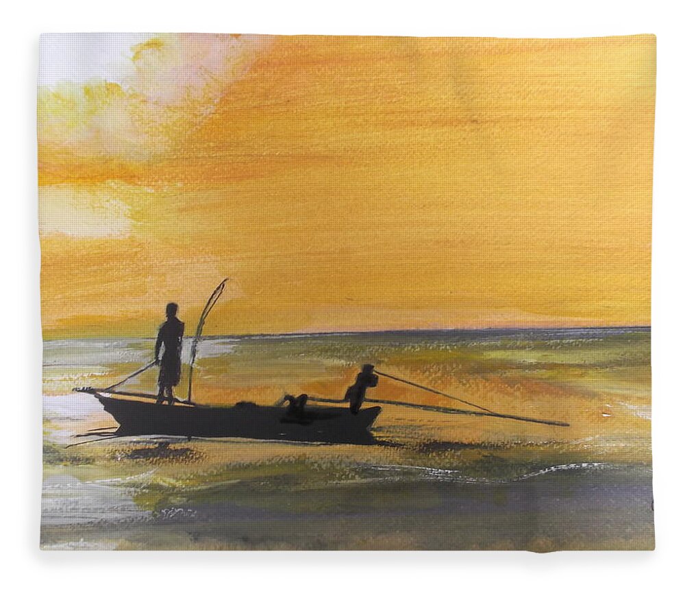 Sunset Fleece Blanket featuring the painting Sunset fishing by Carole Robins