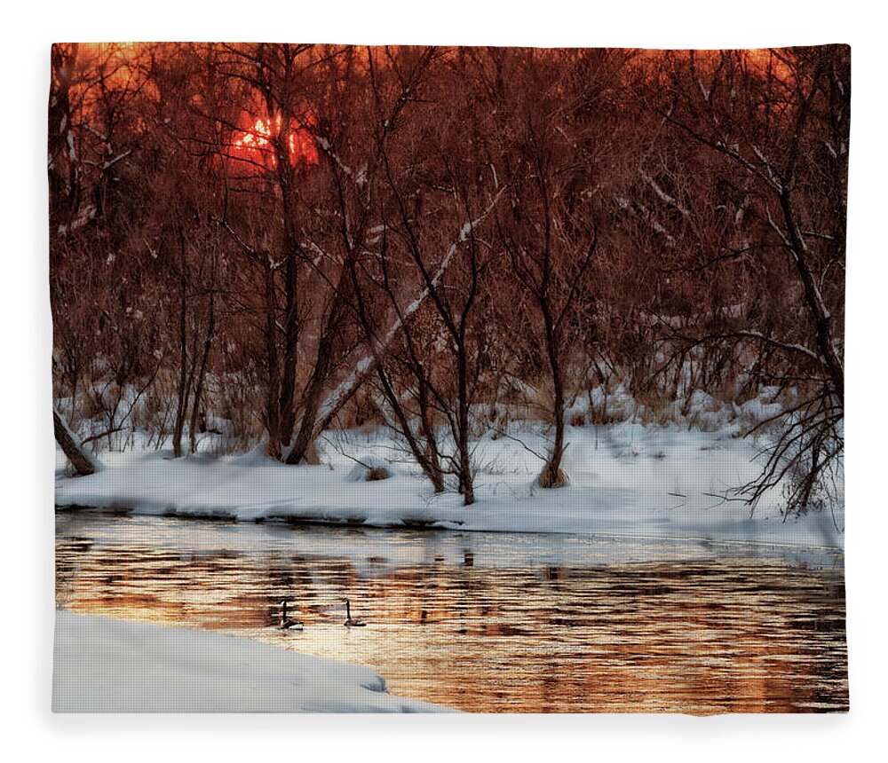 River Yahara Wisconsin Wi Geese Sunset Snow Winter Horizontal Landscape Scenic Water Frozen Golden Serene Beauty Rural Goose Fleece Blanket featuring the photograph Sunset Just Around the Bend by Peter Herman