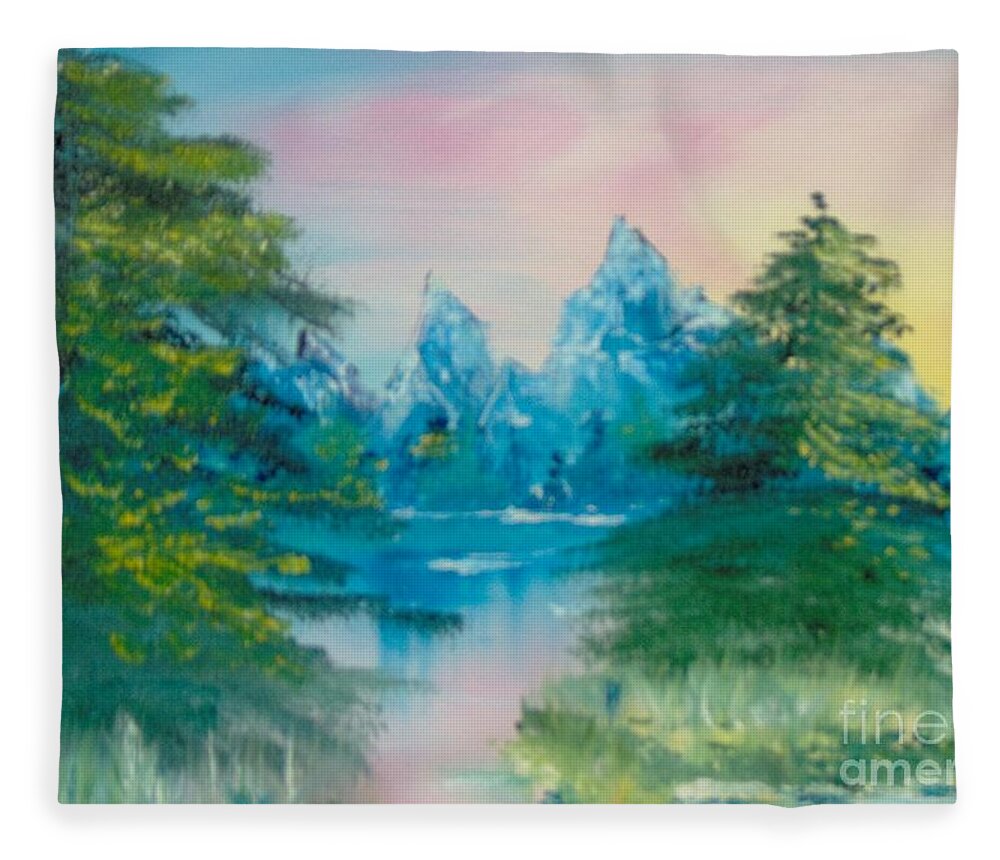 Landscape Fleece Blanket featuring the painting Sunset Lake by Saundra Johnson