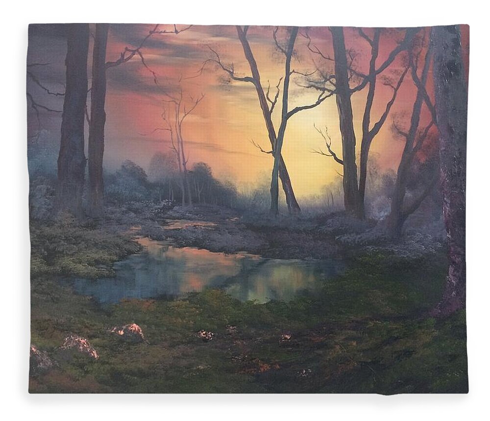 Forest Fleece Blanket featuring the painting Sunset on Cannock Chase by Jean Walker