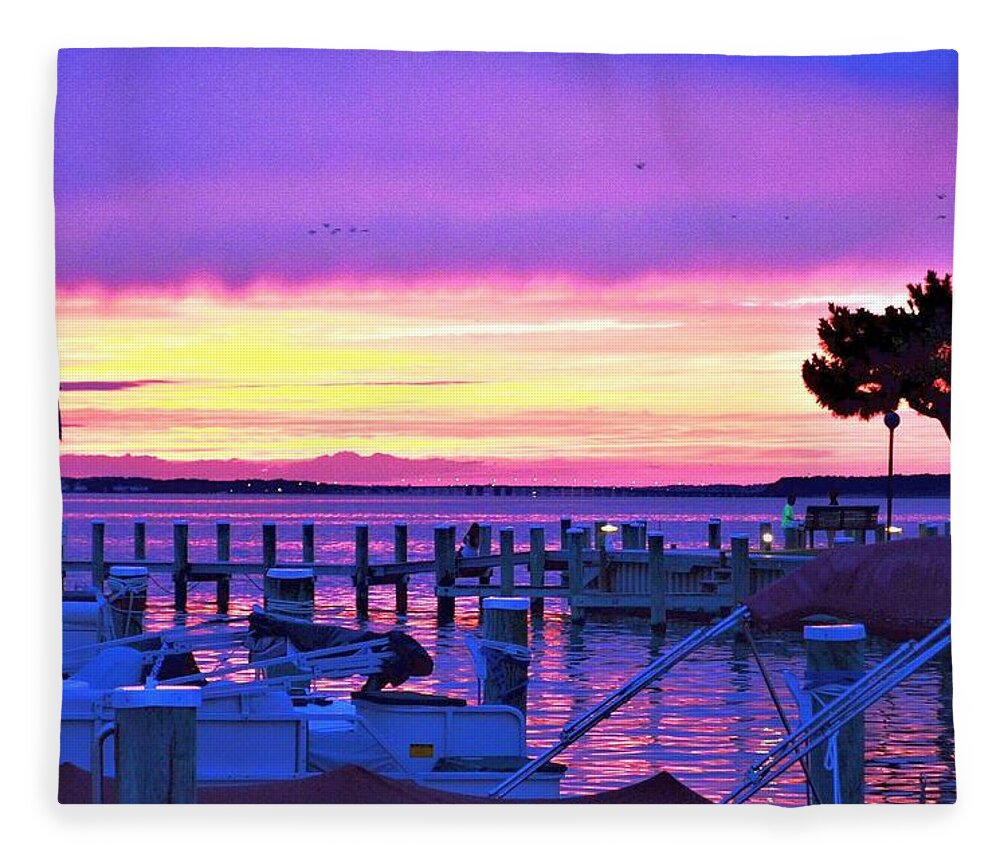 Sunset Fleece Blanket featuring the photograph Sunset on the Docks by Kim Bemis
