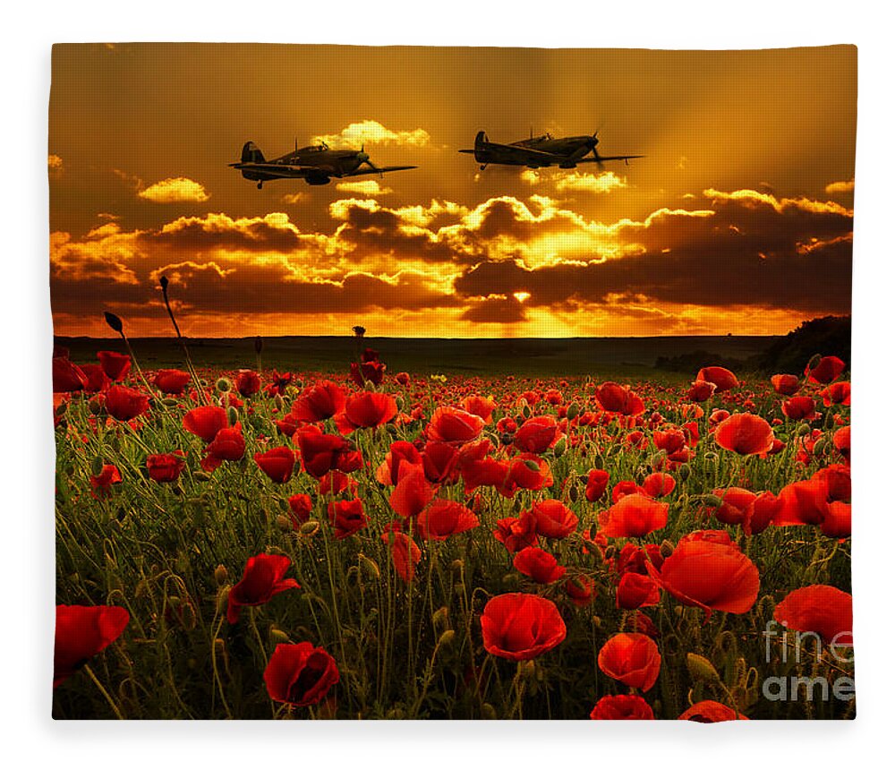 Supermarine Fleece Blanket featuring the digital art Sunset Poppies Fighter Command by Airpower Art