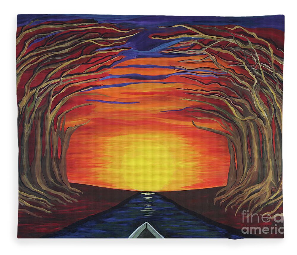 Treetop Sunset River Sail By Annette M Stevenson Fleece Blanket featuring the painting Treetop Sunset River Sail by Annette M Stevenson