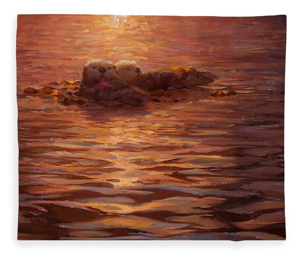 Coastal Decor Fleece Blanket featuring the painting Sea Otters Floating With Kelp at Sunset - Coastal Decor - Ocean Theme - Beach Art by K Whitworth
