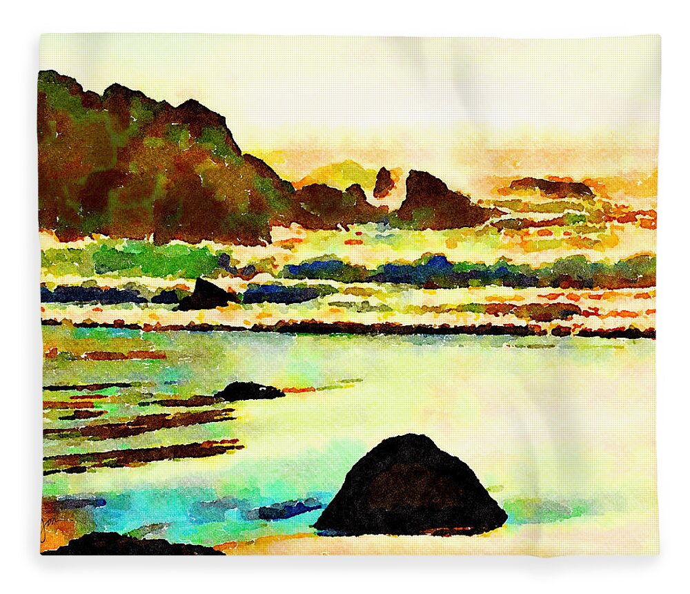 Sunset Fleece Blanket featuring the painting Sunset Surf by Angela Treat Lyon