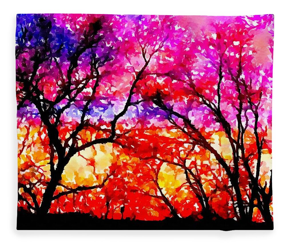 Digital Art Fleece Blanket featuring the pyrography Sunset Tree Line by Delynn Addams