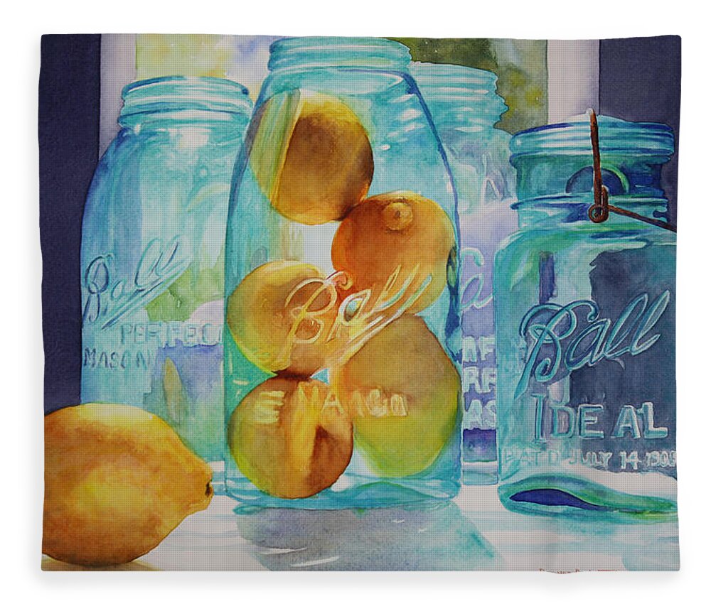 Ball Canning Jars Fleece Blanket featuring the painting Sunshine in a Jar by Brenda Beck Fisher