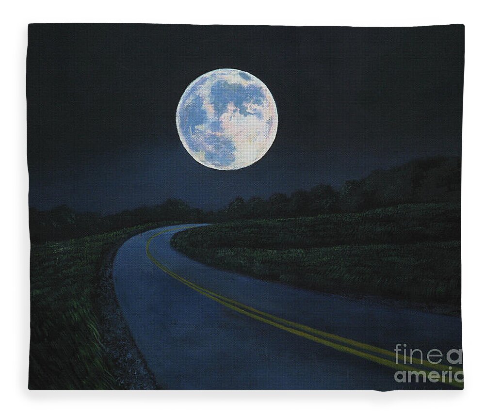 Super Moon Fleece Blanket featuring the painting Super Moon at the end of the road by Christopher Shellhammer