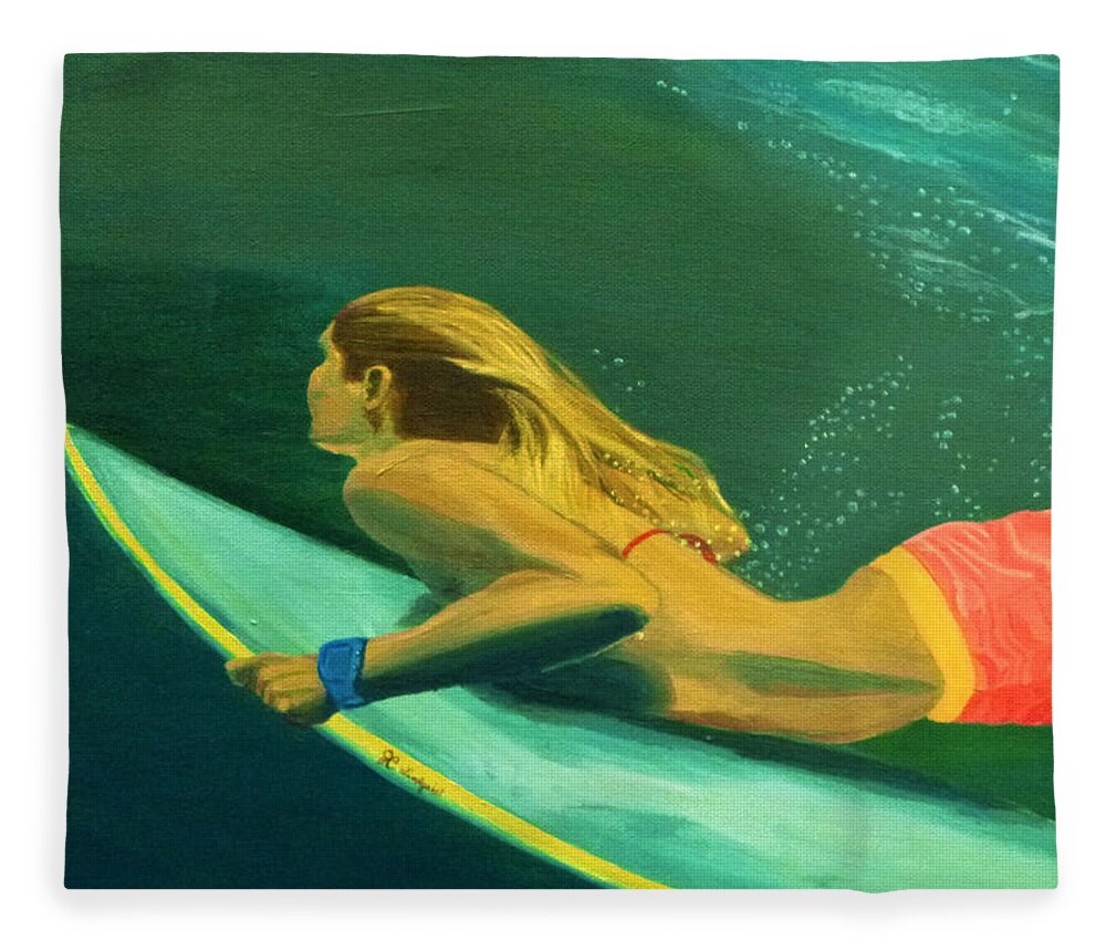 Surf Fleece Blanket featuring the painting Surfer Girl Duck Dive by Jenn C Lindquist