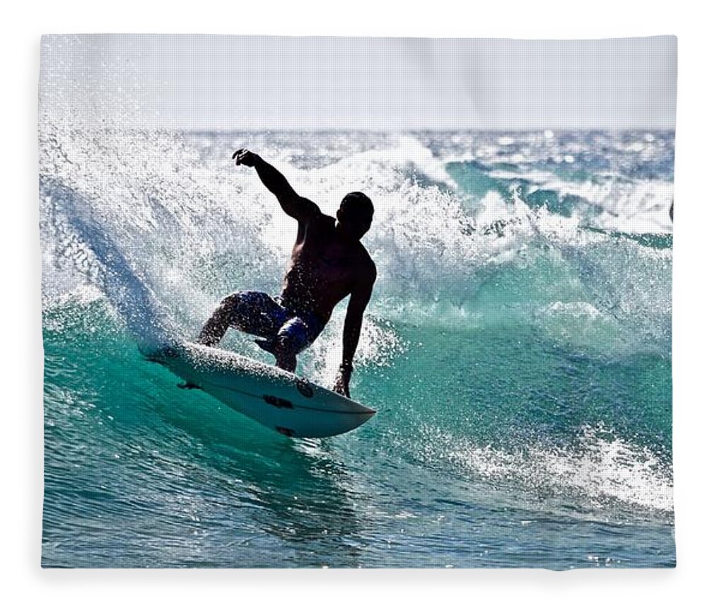 Surfer Fleece Blanket featuring the photograph Surfin is Easy - Kekaha Beach by Debra Banks
