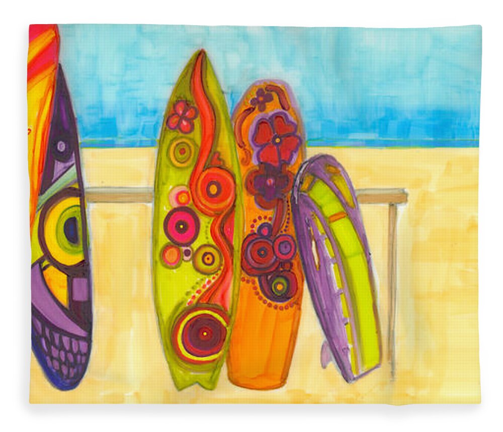 Surfing Buddies Fleece Blanket featuring the painting Surfing Buddies - Surf boards at the Beach illustration by Patricia Awapara