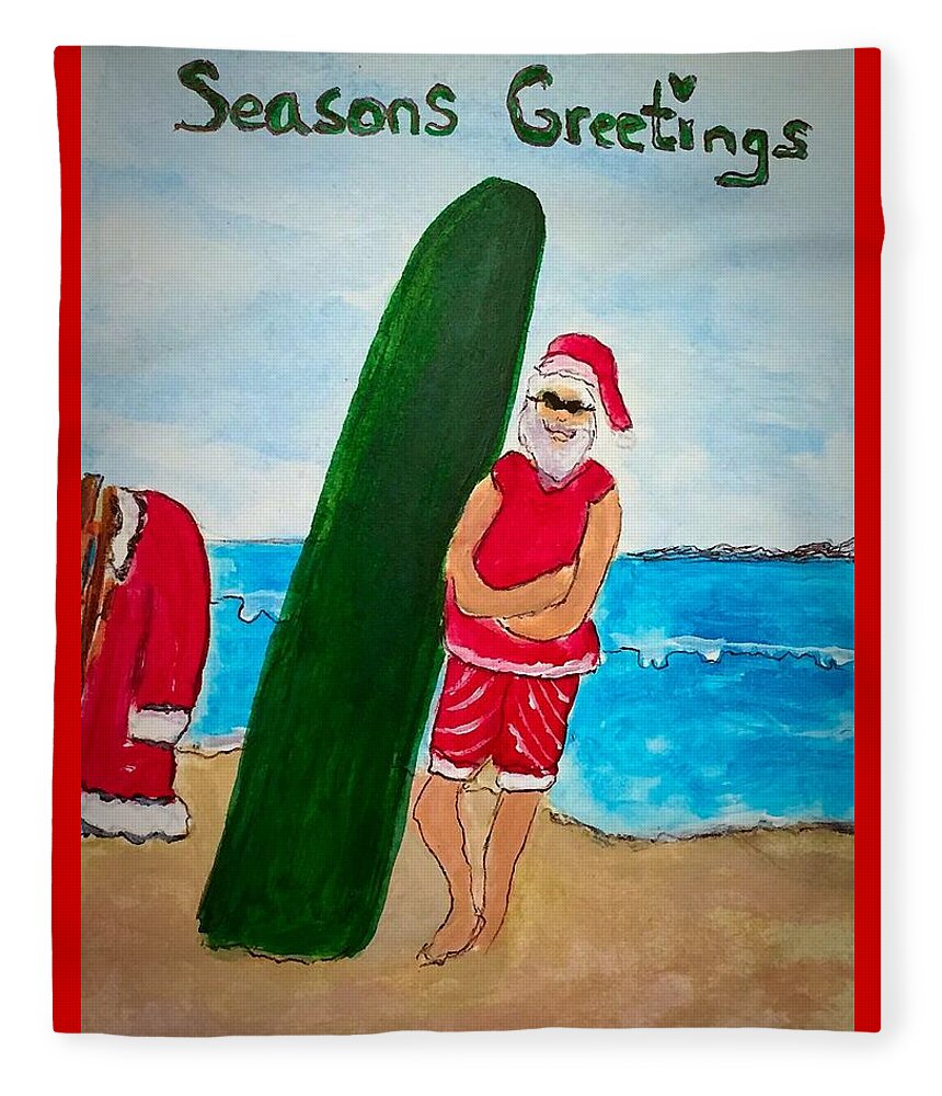 Seasons Greetings Fleece Blanket featuring the painting Surfing Santa by Anne Sands