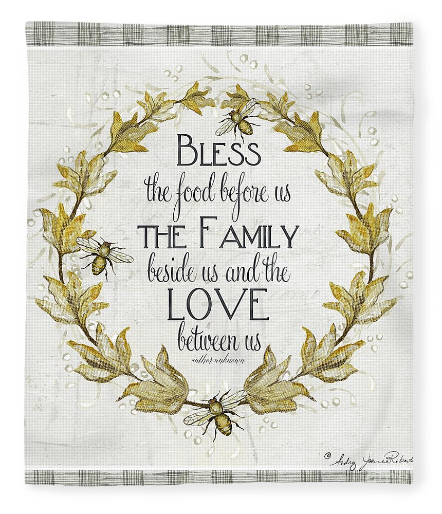 Bless The Food Fleece Blanket featuring the painting Sweet Life Farmhouse 4 Laurel Leaf Wreath Bee Bless This Food by Audrey Jeanne Roberts