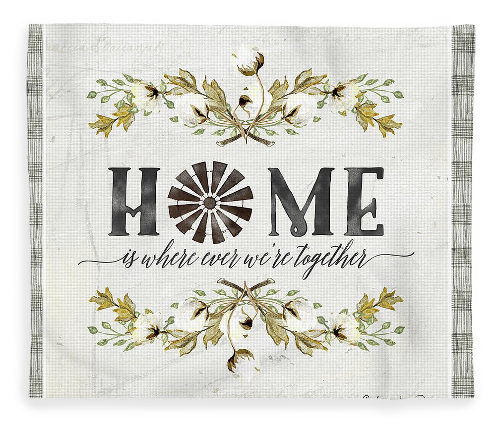 Home Fleece Blanket featuring the painting Sweet Life Farmhouse 5 Home Windmill Cotton Boll Laurel Leaf Buffalo Check Plaid by Audrey Jeanne Roberts