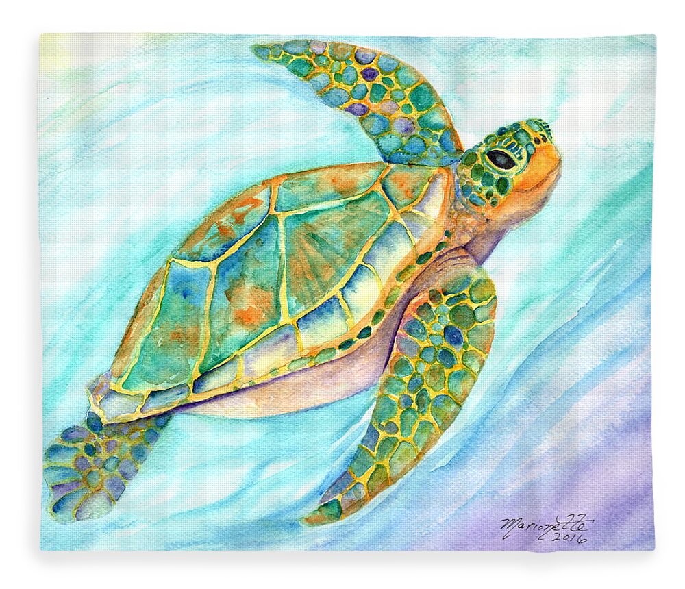 Kauai Art Fleece Blanket featuring the painting Swimming, Smiling Sea Turtle by Marionette Taboniar