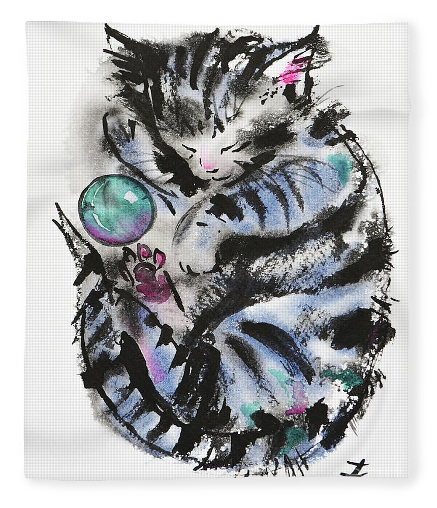 Cat Fleece Blanket featuring the painting Tabby Dreams by Zaira Dzhaubaeva