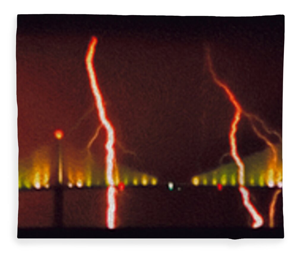 Panorama Fleece Blanket featuring the photograph Tampa Bay Lightning over the Skyway Bridge by Rolf Bertram