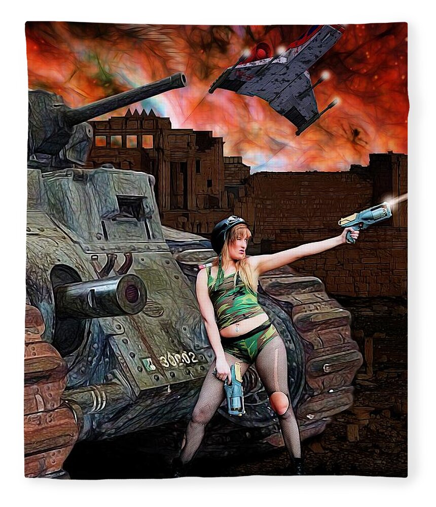 Fantasy Fleece Blanket featuring the painting Tank Girl in Action by Jon Volden