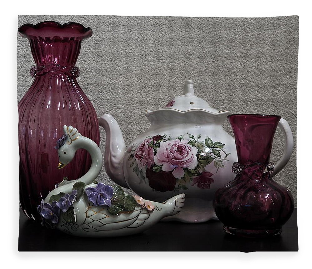 Tea Pot Fleece Blanket featuring the photograph Tea Pot and Cranberry Glass by Richard Thomas