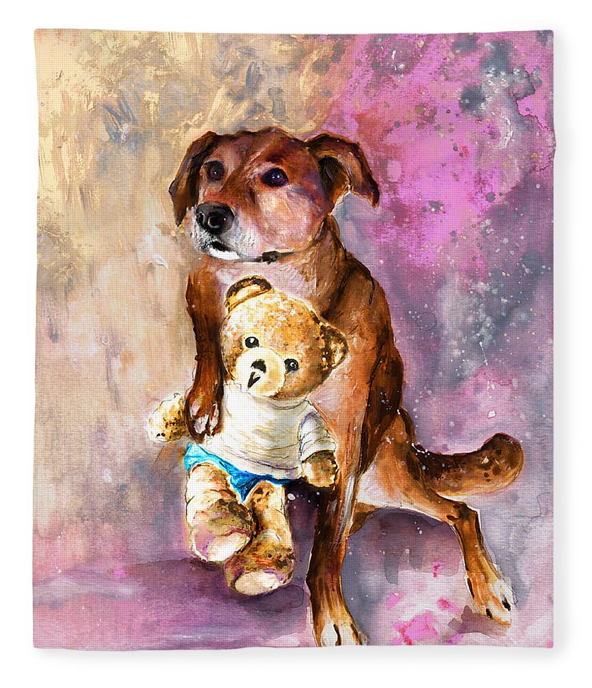 Truffle Mcfurry Fleece Blanket featuring the painting Teddy Bear Caramel And Dog Douchka by Miki De Goodaboom