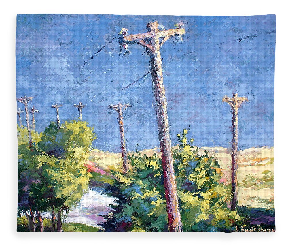 Landscape Painting Fleece Blanket featuring the painting Telephone Poles Before The Rain by Lewis Bowman