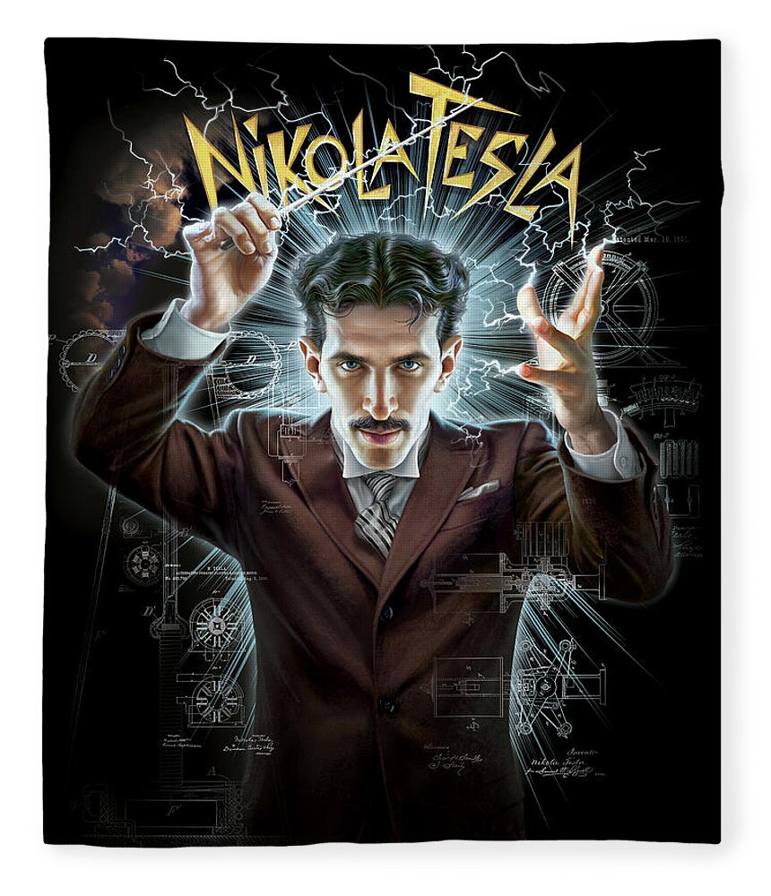 Nikola Tesla Fleece Blanket featuring the digital art Tesla, Conductor of Electricity by Mark Fredrickson