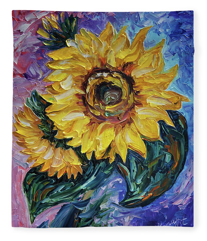 Olena Art Fleece Blanket featuring the painting That Sunflower From The Sunflower State Palette Knife Technique by O Lena