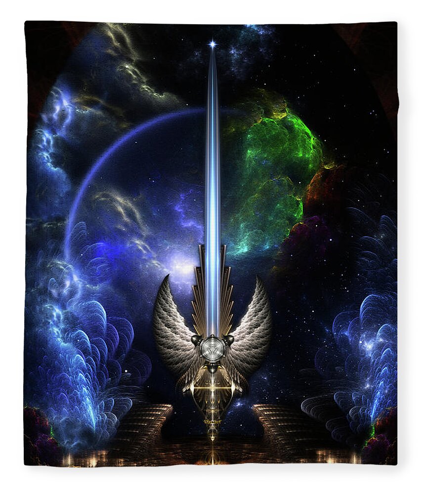 Angel Wing Sword Of Arkledious Fleece Blanket featuring the digital art The Angel Wing Sword Of Arkledious Space Fractal Art Composition by Rolando Burbon