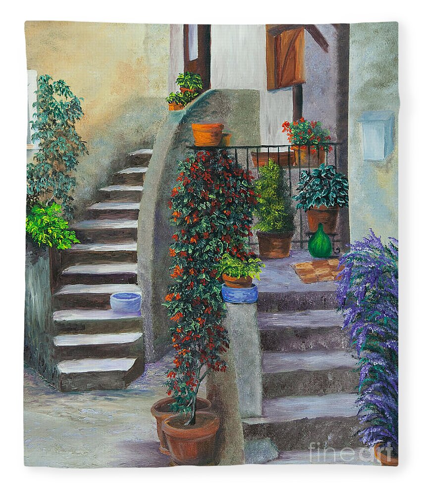 Italy Street Painting Fleece Blanket featuring the painting The Back Stairs by Charlotte Blanchard