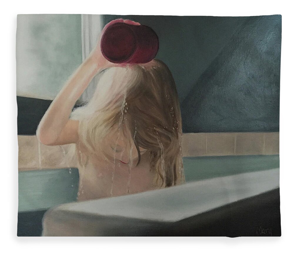Child; Water; Bathing; Tub; Contemplation; Hair; Pouring Water Fleece Blanket featuring the painting The Bath by Marg Wolf