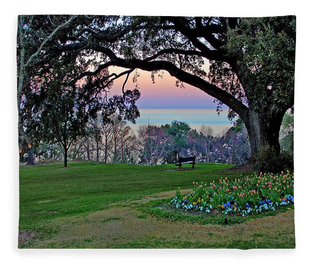 Fairhope Fleece Blanket featuring the painting The Bay View Bench by Michael Thomas