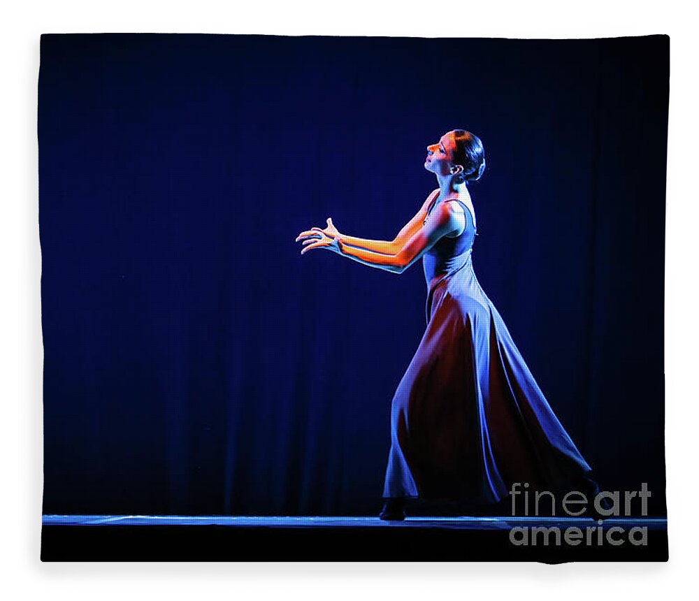 Ballet Fleece Blanket featuring the photograph The beautiful ballerina dancing in blue long dress by Dimitar Hristov