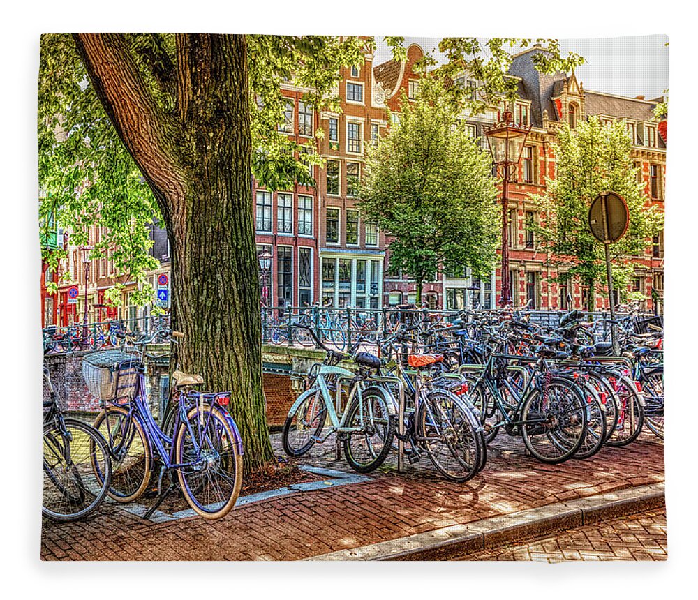 Hdr Fleece Blanket featuring the photograph The Bicycles of Amsterdam in HDR Detail by Debra and Dave Vanderlaan